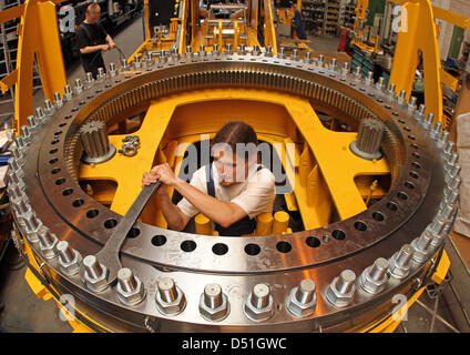 Ein Datei-Bild vom 12. Juli 2010 zeigt Guenther Wiko-Ingenieur bei der Montage eines Eisenbahn-Krans von Kirow Ardel AG in Leipzig, Deutschland, 12. Juli 2010. Laut ifo Institut, der wirtschaftliche Aufschwung verliert seine Fahrt im Jahr 2011. Das Tempo des Wirtschaftslebens werden weniger schnell als im Jahr 2010. Nach einem Wachstum von 3,7 Prozent im Jahr 2010 ifo 2,4 Prozent für 2011 erwarten. Foto: Jan Woita Stockfoto