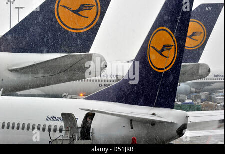 Flugzeuge stehen auf dem Rollfeld des Flughafens Frankfurt Main bei starkem Schneefall, Deutschland, 19. Dezember 2010. Nach frischen Schneefällen wieder Hunderte Flüge wurden gestrichen und sind Tausende von Passagieren am Flughafen fest. Foto: Boris Roessler Stockfoto