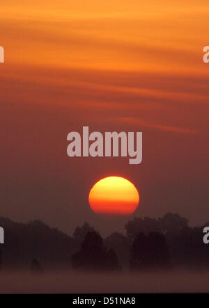 (Dpa Datei) - ein Datei Bild vom 29. Juni 2003 zeigt die aufgehende Sonne über das Erdinger Moor in der Nähe von München. Umweltschützer und die bayerische Regierung unterstützen die Erhaltung der Mauren, denn nur fünf Prozent davon in Bayern noch intakt sind. Foto: Frank Leonhardt Stockfoto