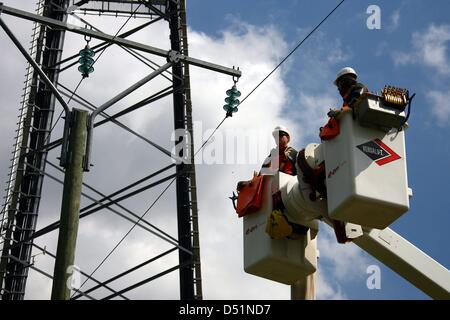 (Dpa-Datei) - ein Datei-Bild vom 5. August 2009 zeigt einen Mitarbeiter der E.ON Hanse AG arbeitet an einer Hochspannungsleitung in Rendsburg, Deutschland. Immer mehr Menschen Sie aus Schleswig-Holstein Wunsch zur eigenen Stromerzeugung mit erneuerbaren Energien - von Januar bis November 9400 Haushalte angewendet, um Strom in das Stromnetz zu ernähren. Foto: Carsten Rehder Stockfoto
