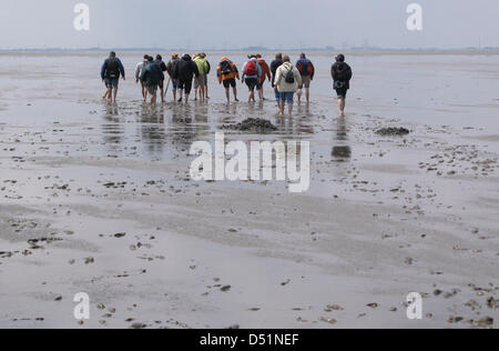 (DATEI) Eine Archivfoto vom 28. Juni 2008 zeigt eine Gruppe von Wanderern, die Erkundung des Watten Meere National Park in Niedersachsen, Deutschland. Der Nationalpark feiert 25-jähriges Jubiläum, aber laut Naturschützern, sollte mehr getan werden, um diesen Lebensraum zu schützen. Foto: Bernd Thissen Stockfoto