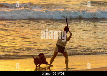 Frau wirft Stick für Hund bei Sonnenuntergang am Playa Guiones Surf Beach, Nosara, Nicoya Halbinsel, Provinz Guanacaste, Costa Rica Stockfoto