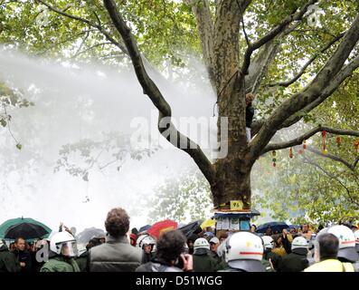 Polizeikräfte Feuer Wasserwerfer auf Menschen protestieren gegen stark umstritten Railway Station Projekt Stuttgart 21 auf einen Baum in Stuttgart, Deutschland, 30. September 2010. Der besetzte Baum ist Bestandteil einiger 300 Bäume, die im Rahmen der stark umstrittenen 4,1 Milliarden-Euro-Projekt gefällt werden ' Stuttgart 21', die eine Umwandlung des Stuttgarter Hauptbahnhofs von einem Abo sieht Stockfoto