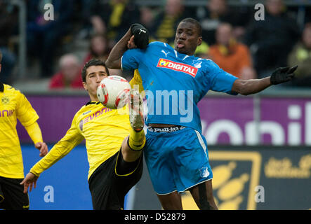 Dortmunder Nuri Sahin (L) und Hoffenheim Demba Ba wetteifern um die Kugel während der Bundesliga-Spiel Borussia Dortmund vs. TSG 1899 Hoffenheim im Signal Iduna Park in Dortmund, Deutschland, 24. Oktober 2010. Foto: Bernd Thissen Stockfoto