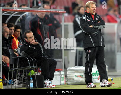 Kölner Cheftrainer Frank Schaefer (R) schreit, dass Anweisungen in Richtung seiner Spieler neben Co-Trainer Dirk Lottner (L) im DFB-Pokal FC Köln vs. 1860 München in der RhineEnergyStadium in Köln, 26. Oktober 2010 entsprechen. Foto: Federico Gambarini Stockfoto