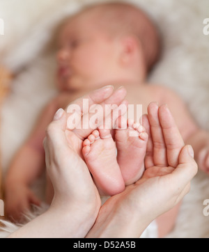 Mutters Hände halten kleine Babys Füße Stockfoto