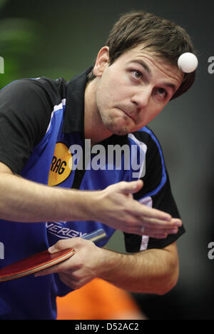 Deutscher Tennis spielt pro Timo Boll einen Ball während der Tischtennis-Weltmeisterschaft am Boerdelandhalle in Magdeburg, Deutschland, 30. Oktober 2010. Boll gewann das Duell der Gruppe A gegen Argentiniens Gesang. Foto: JENS WOLF Stockfoto