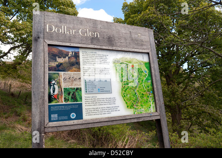 Informationen anmelden Dollar Glen in der Nähe von Castle Campbell, Dollar, Clackmannanshire, Schottland. Stockfoto