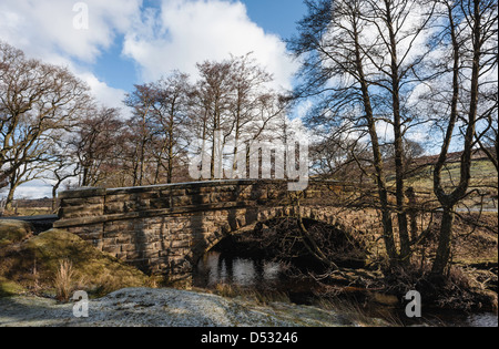 Eine traditionelle Bogenbrücke aus Stein und einem Fluss, Ellar Beck, in North York Moors National Park in der Nähe von Goathland, Yorkshire, Großbritannien. Stockfoto