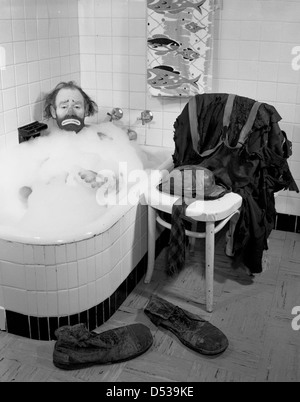 Ringling Zirkus clown Emmett Kelly in einem Schaumbad: Sarasota, Florida Stockfoto