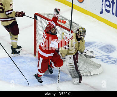 22. März 2013 - Boston, Massachusetts, USA - Boston Universität Terriers vorwärts feiert Wade Megan (18), nachdem ein in der zweiten Periode der Hockey East Halbfinale Spiel zwischen der Boston Universität Terriers und Boston College Eagles im TD Garden Tor. Anthony Nesmith/CSM Stockfoto