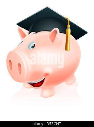 Abbildung einer glücklich akademische Ausbildung Piggy Sparkasse mit Mörtel Board Einberufung Mütze auf. Konzept für Geld zu sparen. Stockfoto