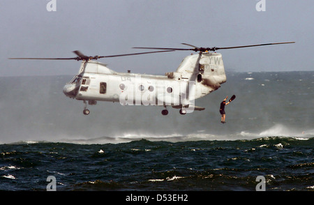 Ein US-Marine Force Reconnaissance Platoon zugewiesen springt aus dem Helikopter CH-46E Sea Knight beim Hubschrauber Casting training 22. Juni 2010 in Indonesien. Stockfoto