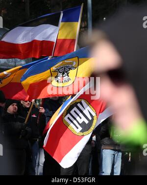 Mitglieder der rechtsextremen rechtsextremen Partei NPD marschieren durch Güstrow, Deutschland, 23. März 2013. NPD hat eine Rallye mit bis zu 300 Teilnehmer registriert. Foto: BERND WUESTNECK Stockfoto