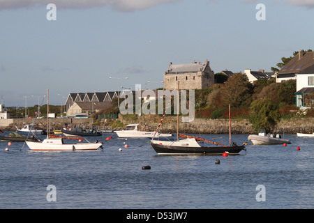 Boote in Baltimore County Cork Irland mit Baltimore Burg im Hintergrund Stockfoto