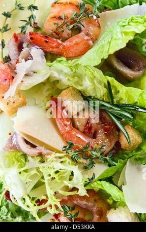 Garnelen-Salat mit Käse, Sardellen und Grüns Stockfoto