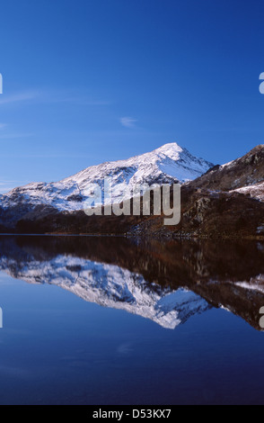 Yr Aran Berg mit Schnee bedeckt und spiegelt sich im Wasser des Llyn Gwynant Gwynedd Snowdonia National Park North Wales UK Stockfoto