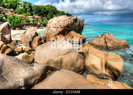 Anse Gaulettes Strand, Strand Anse Patates, La Digue Island, Seychellen Stockfoto