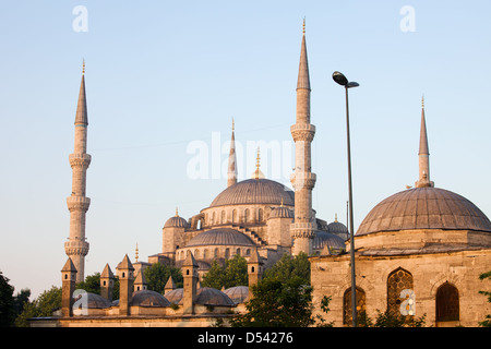 Kuppeln und Minaretten der Blauen Moschee (Sultan Ahmet Camii) bei Sonnenaufgang Stadtteil Sultanahmet, Istanbul, Türkei. Stockfoto