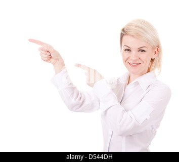junge erfolgreiche Geschäftsfrau zeigt etwas Stockfoto