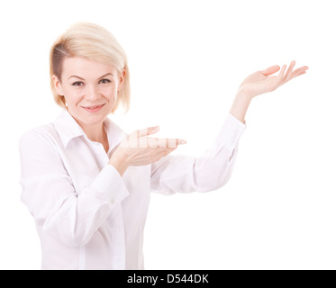 junge erfolgreiche Geschäftsfrau zeigt etwas Stockfoto