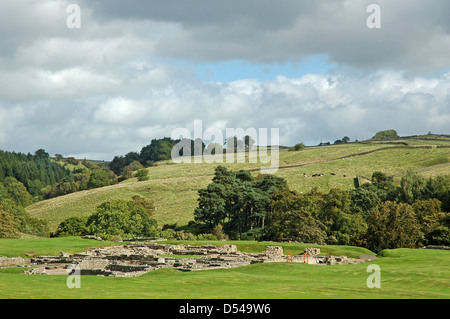 Blick auf den Roman Fort und Kommandierender Offizier Haus, Vindolanda, Hadrianswall (Chesterholm). Stockfoto