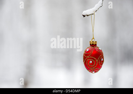 Christbaumschmuck / Kugeln hängen an einem Ast im Schnee Stockfoto