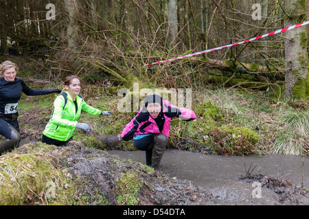 Kilmarnock, Großbritannien. 24. März 2013. Organisierten Schlamm laufen bei Craufurdland Castle Estate, in der Nähe von Kilmarnock.  Trotz des jüngsten schlechten Wetters teilgenommen ca. 200 Schlamm Läufer der jährlichen laufen über das Anwesen. Die Route war über 10 Kilometer durch Wälder, über Flüsse und Wasser gefüllten Gräben, die viele der Läufer für wohltätige Zwecke gefördert wurden. Stockfoto