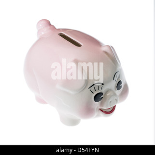 Ein rosa Keramik Sparschwein isoliert gegen weiß mit Beschneidungspfad Stockfoto