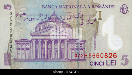 Die rumänischen Athenaeum Concert Hall auf der Rückseite einer rumänischen 5 Lei Banknote abgebildet. Stockfoto