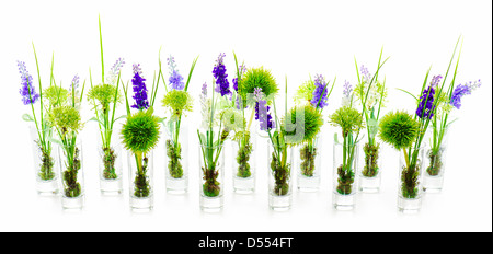 Blumensträuße aus künstlichen Blumen Anordnung Herzstück in Glasvasen auf weißem Hintergrund. Stockfoto