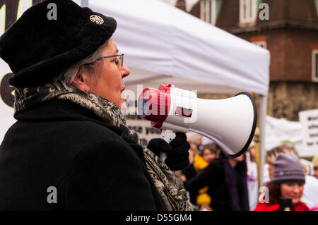 London, UK. 25. März 2013. Gillian Fletcher, nationalen Geburt Vertrauen (NCT), wendet sich an ein Publikum außerhalb des Parlaments zu einem Protest und Lobby des MPs gegen Rechtsvorschriften, die für unabhängige Hebammen Arbeiten unmöglich macht. Bildnachweis: David Isaacson/Alamy Live-Nachrichten Stockfoto