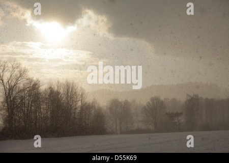 Lippen, Tschechische Republik, Schneefall Lipno-Stausee im Böhmerwald Stockfoto