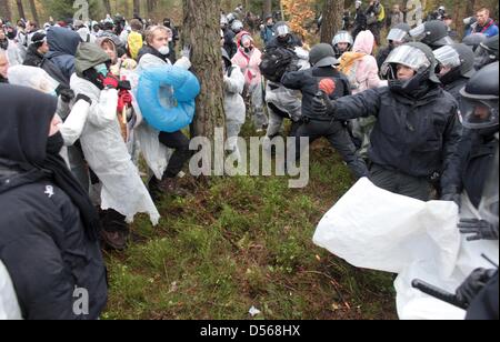 Bereitschaftspolizei bewegen gegen die Anti-Atom-Aktivist während einer Protestkundgebung gegen den Castor Nukleartransporten in entlang der Wailway in der Nähe von Leistade, zwischen Lüneburg und Dannenberg, Deutschland, 7. November 2010 verfolgt. 12. Lieferung von Atommüll aus der französischen Wiederaufbereitungsanlage in La Hague soll in das Zwischenlager für Atommüll in Gorleben ankommen. Foto: Kay Stockfoto