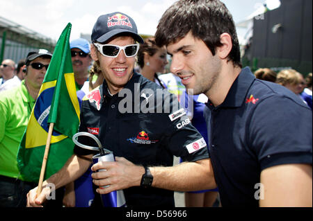 Sebastian Vettel von Red Bull Racing (L) und Schweizer Fahrer Sebastien Buemi der Scuderia Toro Rosso (R) während der Fahrer Deutschlands parade auf Rennstrecke Autodromo Jose Carlos Pace in Interlagos, Sao Paulo, SP, Brasilien, 7. November 2010. Die 2010 findet am 7. November 2010 Formel 1 Grand Prix von Brasilien, das letzte aber One-Rennen der Formel1 Saison 2010, statt. Foto: Jan Woitas Stockfoto