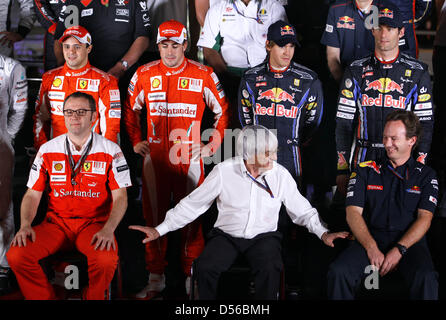 (obere Reihe, R, L:)  Fernando Alonso und Felipe Massa von Ferrari, Sebastian Vettel und Mark Webber Team Red Bull, (unterste Zeile R, L:) Ferrari wichtigsten Stefano Domenicali, Formula One CEO Bernie Ecclestone und Red Bull Haupt Christian Horner posieren für ein Gruppenfoto nach dem zweite Training am Yas Marina Circuit Race track in Abu Dhabi, Vereinigte Arabische Emirate, 12 Novem Stockfoto