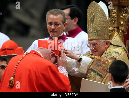 Erzbischof von München und Freising, Reinhard Marx (L) des Kardinals Birett empfängt Papst Benedikt XVI. auf der St. Peter Basilika in Rom, Vatikan. Er wird gefördert, um ein Kardinal zu werden. 24 Bischöfe erhielt die gleiche Ehre während eines Gottesdienstes, das vom Papst stattfand. Foto: KARL-Josef HILDENBRAND Stockfoto