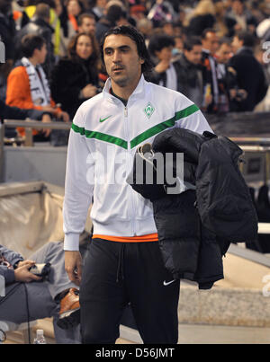 Bremens Hugo Almeida während der UEFA Europa League Runde 16 Spiel 1. Bein FC Valencia Vs Werder Bremen im Mestalla-Stadion in Valencia, Deutschland, 11. März 2010. Das Hinspiel endete mit einem 1: 1-Unentschieden. Foto: Carmen Jaspersen Stockfoto