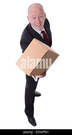 Geschäftsmann bietet ein Paket isoliert auf weiss Stockfoto