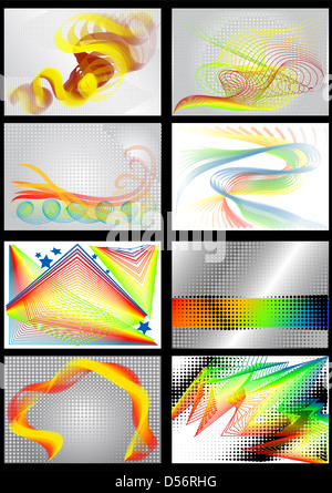 Satz von 8 helle farbige Hintergründe isoliert auf schwarz Stockfoto