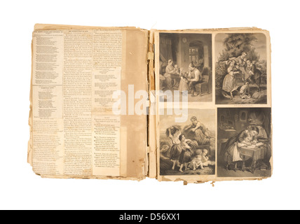 Ein Vintage Sammelalbum mit geklebten Zeitungsausschnitte und 1800er Jahren Illustrationen auf einem weißen Hintergrund. Stockfoto