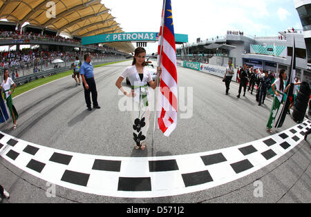 Eine Raster Mädchen posiert mit eine malaysische Flagge an der Startlinie bis vor dem Formel 1 Grand Prix von Malaysia auf dem Sepang Circuit in der Nähe von Kuala Lumpur, Malaysia, 4. April 2010. Deutschen Sebastian Vettel Team Red Bull gewann vor seinem Teamkollegen Australier Mark Webber und Deutsche Nico Rosberg von Mercedes Grand Prix. Foto: Jens Büttner Stockfoto