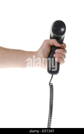 Hand halten, Festnetz Telefon Mobilteil isoliert auf weiss Stockfoto