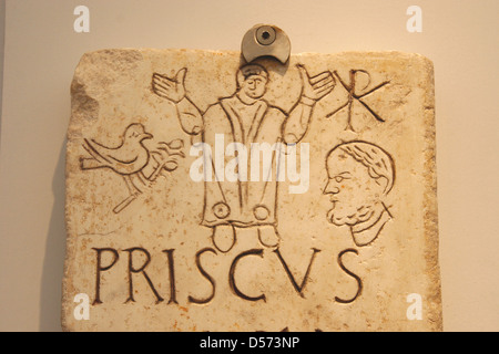 Italien. Frühe Christen. Römischen funerary Stele von Prisco. Thermen des Diokletian, Teil des nationalen römischen Museum Rom. Italien. Stockfoto