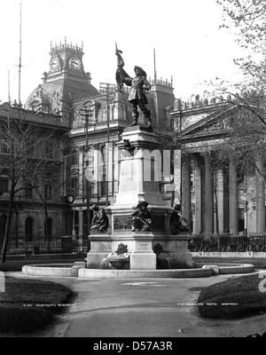 Das Maisonneuve Monument am Place d'Armes in Montreal ehrt Paul de Chomedey, Sieur de Maisonneuve, den Gründer von Montreal. Dieses Denkmal aus dem späten 19. Jahrhundert erinnert an seine Rolle bei der Gründung der Stadt. Stockfoto
