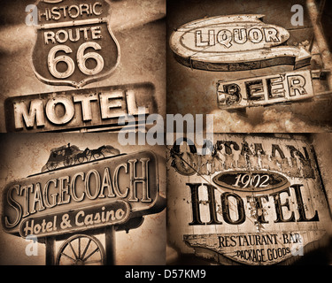 Vier Zeichen zusammengesetzte "Route 66 Motel, Likör-Bier, Oatman Motel, Stagecoach Motel" Stockfoto