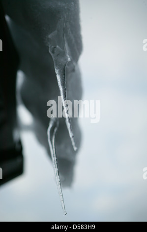 Eiszapfen hängen von der Ecke eines Gebäudes Stockfoto