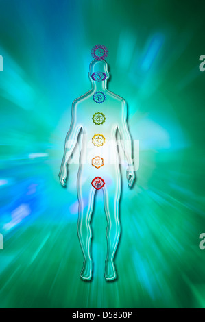 Sieben Chakras-Symbole und männliche Silhouettenfigur Stockfoto