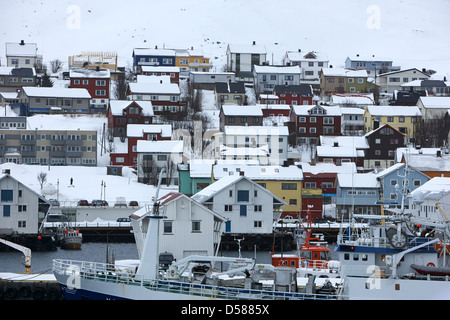 Honningsvag Hafen und traditionellen Holzhäusern Finnmark-Norwegen-Europa Stockfoto