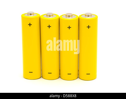Reihe von gelben AA-Batterien auf weißem Hintergrund. Stockfoto